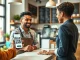 Business owner accepting crypto payments from customer using smartphone at counter