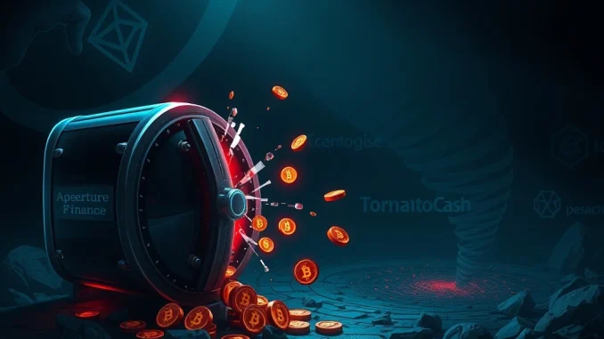 Illustration of the Aperture Finance hack showing funds flowing into Tornado Cash for laundering.