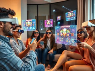 People using AR and VR technology to interact with immersive sweepstakes games in a social setting.