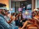 People using AR and VR technology to interact with immersive sweepstakes games in a social setting.