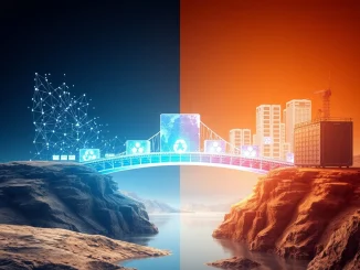 Conceptual bridge connecting AI data networks to real-world financial and GameFi infrastructure, representing the Atlasbrary GMatrix partnership.