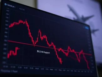 AVA token price chart breaking below the $0.2146 support level, signaling a bearish trend for the Travala cryptocurrency.