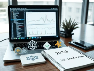 Analyst reviewing the best crypto ICOs for 2026, featuring ZKP, AI, and blockchain technology on a laptop.