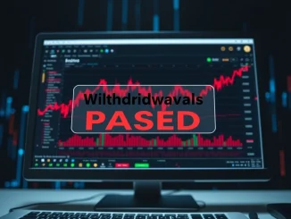 Crypto exchange dashboard showing halted withdrawals during a Bitcoin price plunge.