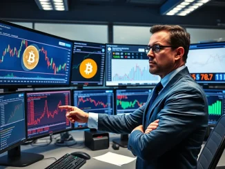 Financial analyst reviewing Bitcoin price charts and on-chain data showing potential decline to $58,000.