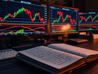 Analyst monitors showing Bitcoin price charts and bear market technical indicators like RSI and moving averages.