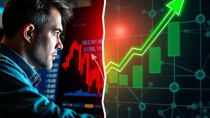 Bitcoin price decline versus DeepSnitch AI token surge in contrasting cryptocurrency market visualization