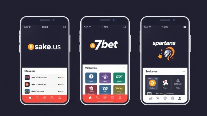 Comparison of Stake.us, 7bet, and Spartans Bitcoin casino app interfaces for 2026.