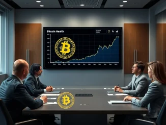 Corporate executives discuss financial resilience against Bitcoin price volatility on a data screen.