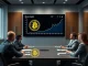 Corporate executives discuss financial resilience against Bitcoin price volatility on a data screen.