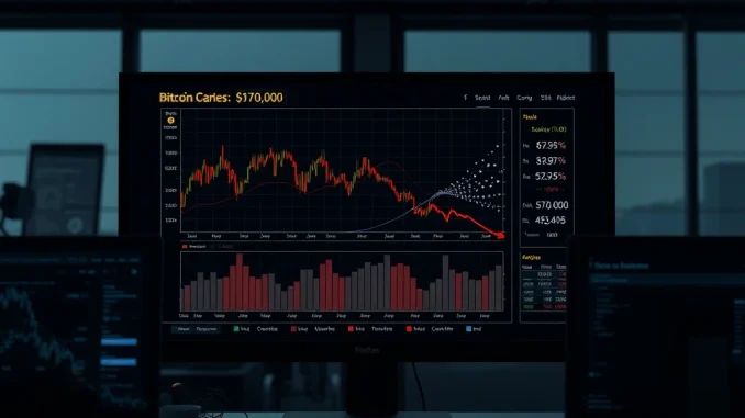 Analyst dashboard showing Bitcoin price chart and on-chain data signaling demand exhaustion near $70K.