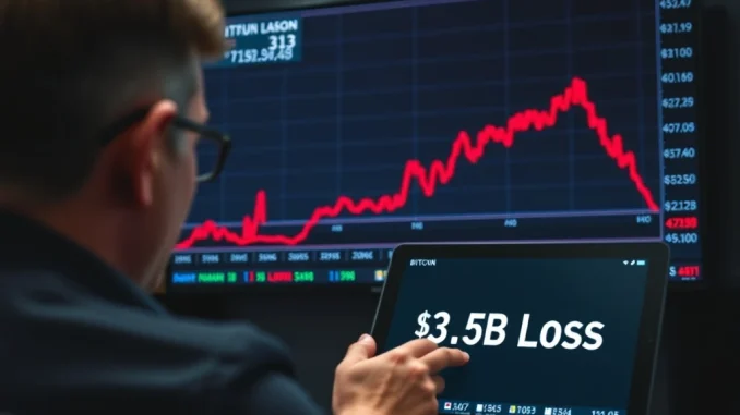 A trader analyzes a chart showing a sharp Bitcoin dip leading to over $3.5 billion in losses.