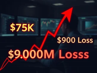 Bitcoin price chart crashing below $75,000 causing massive unrealized losses.
