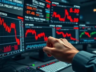 Analyst monitors Bitcoin ETF outflows and price drop on trading screens, signaling a liquidity squeeze.