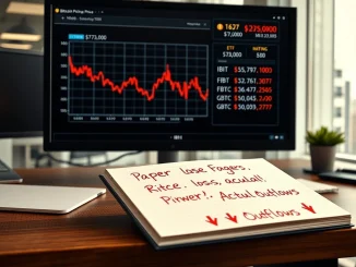 Financial analyst monitors Bitcoin ETF performance as BTC price slides under $73,000, highlighting market pressure.