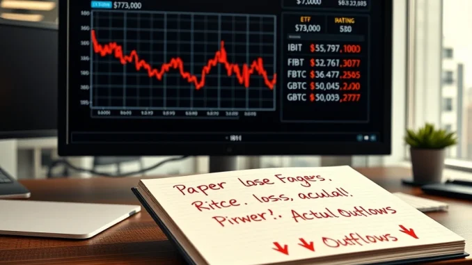 Financial analyst monitors Bitcoin ETF performance as BTC price slides under $73,000, highlighting market pressure.