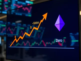 Chart showing Bitcoin ETF inflows surging while Ethereum ETF demand stalls near zero in 2025.