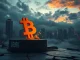 Bitcoin symbol falling from its $69,000 all-time high support level during a market crash.