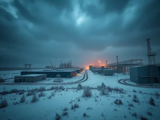 Bitcoin mining facility during a severe US winter storm impacting the global hashrate.