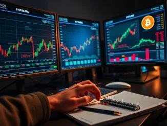 Bitcoin leverage declines as traders monitor futures charts and macro risks on a trading desk.
