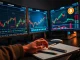 Bitcoin leverage declines as traders monitor futures charts and macro risks on a trading desk.