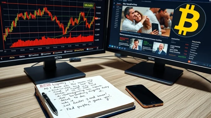 Analyst's desk showing Bitcoin price chart and US liquidity data, illustrating Raoul Pal's market explanation.