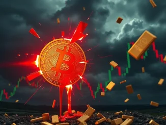 Bitcoin symbol cracking with red light representing $2B daily losses and market capitulation warning.