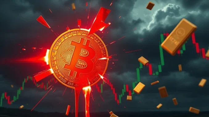 Bitcoin symbol cracking with red light representing $2B daily losses and market capitulation warning.
