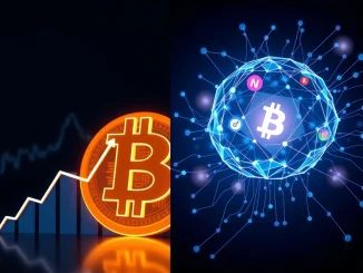 Bitcoin news analysis showing BTC price action and AI cryptocurrency project integration with market data visualization