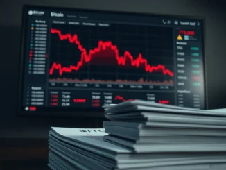 Bitcoin price chart crashing below $75,000, representing MicroStrategy's massive unrealized loss.