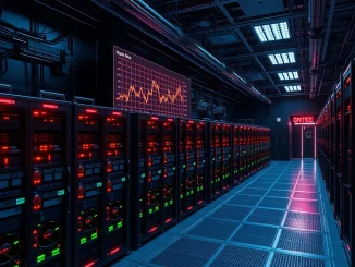 Bitcoin mining difficulty adjustment shown in a high-tech data center with hash rate graphs declining.