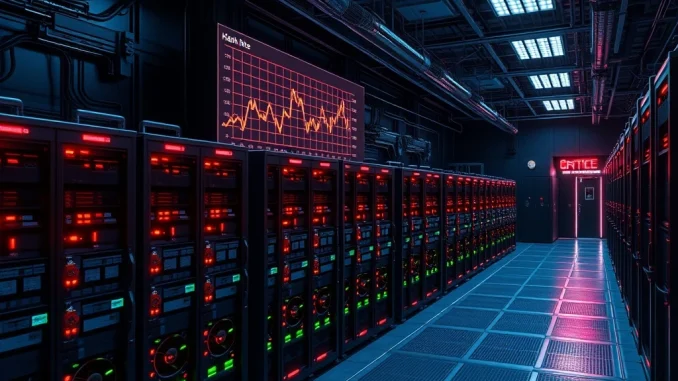 Bitcoin mining difficulty adjustment shown in a high-tech data center with hash rate graphs declining.
