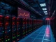 Bitcoin mining difficulty adjustment shown in a high-tech data center with hash rate graphs declining.