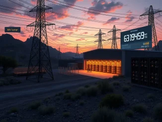Industrial Bitcoin mining facility showing rows of hardware and power infrastructure, representing electricity cost analysis for 2026.