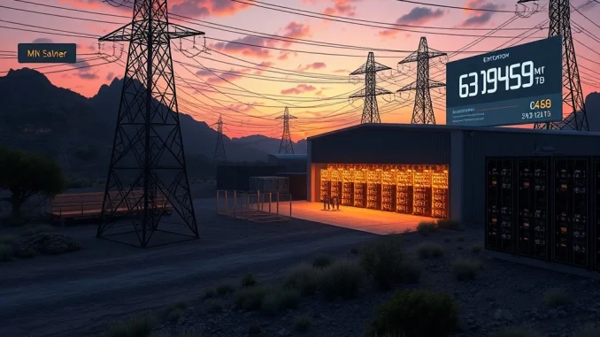 Industrial Bitcoin mining facility showing rows of hardware and power infrastructure, representing electricity cost analysis for 2026.