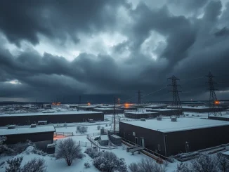 Bitcoin mining facility during a severe winter storm, highlighting energy grid strain and production cuts.