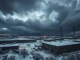 Bitcoin mining facility during a severe winter storm, highlighting energy grid strain and production cuts.