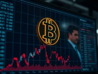 Bitcoin price chart showing a sharp decline to a 9-month low below $74,508, analyzing cryptocurrency market volatility.