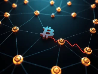 Bitcoin blockchain network visualization showing reduced node activity, representing a six-month low in on-chain metrics.