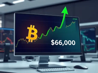 Bitcoin price chart showing a significant 1,800-point rally testing resistance near $67,000.