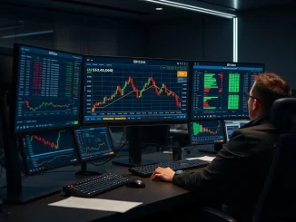 Analyst monitoring Bitcoin price charts and derivatives data at a trading desk, highlighting smart money caution.