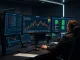Analyst monitoring Bitcoin price charts and derivatives data at a trading desk, highlighting smart money caution.