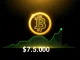 Bitcoin price surges above $77,000, illustrated with a financial chart and glowing BTC logo.