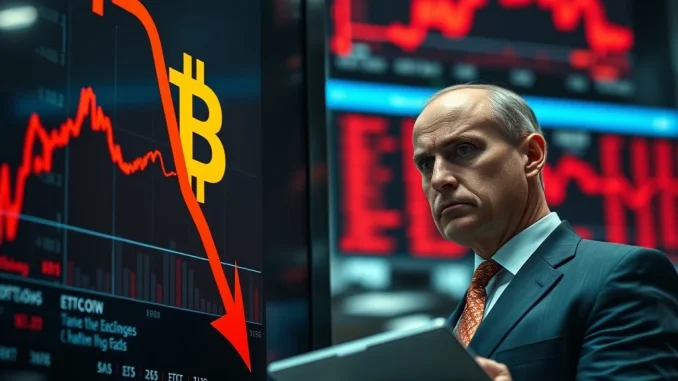 Bitcoin selloff deepens as institutional ETF flows turn negative, showing falling price chart.