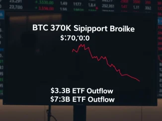 Bitcoin price chart breaking below $70,000 support as ETFs see massive $3.1 billion outflow.