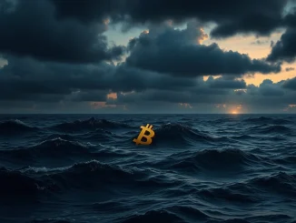 Bitcoin symbol sinking in stormy market seas during a severe price correction.
