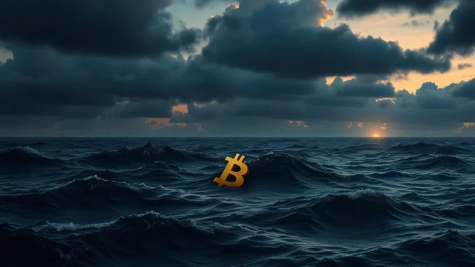 Bitcoin symbol sinking in stormy market seas during a severe price correction.