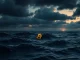 Bitcoin symbol sinking in stormy market seas during a severe price correction.