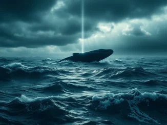 A Bitcoin whale moves $195 million off Binance during extreme market fear, depicted as a shadow in turbulent waters.