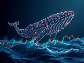 A whale-shaped data visualization swims through cryptocurrency charts, representing a large Bitcoin long position.